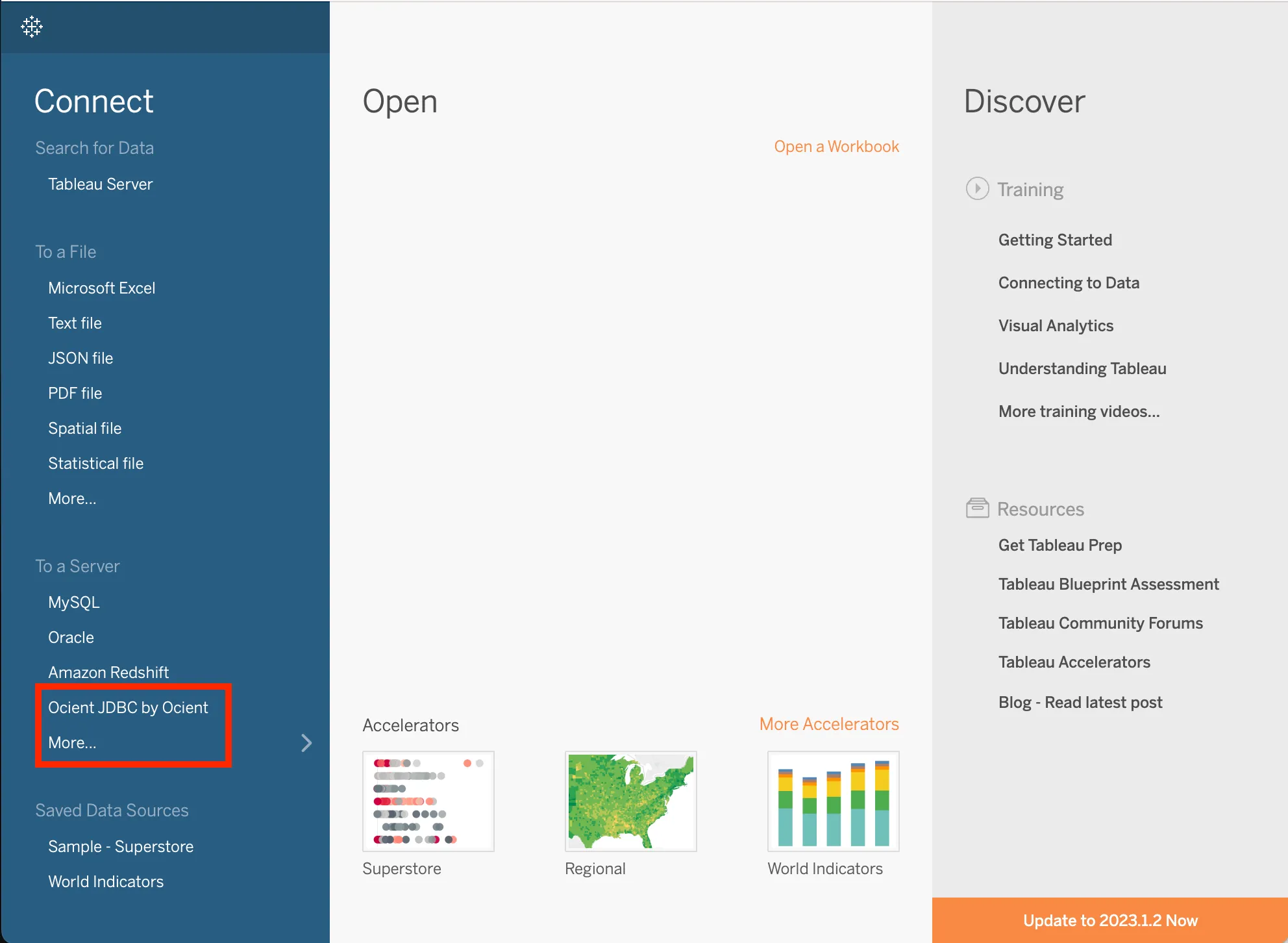 Ocient connector on the Tableau Desktop home page Ocient connector on the Tableau Desktop home page