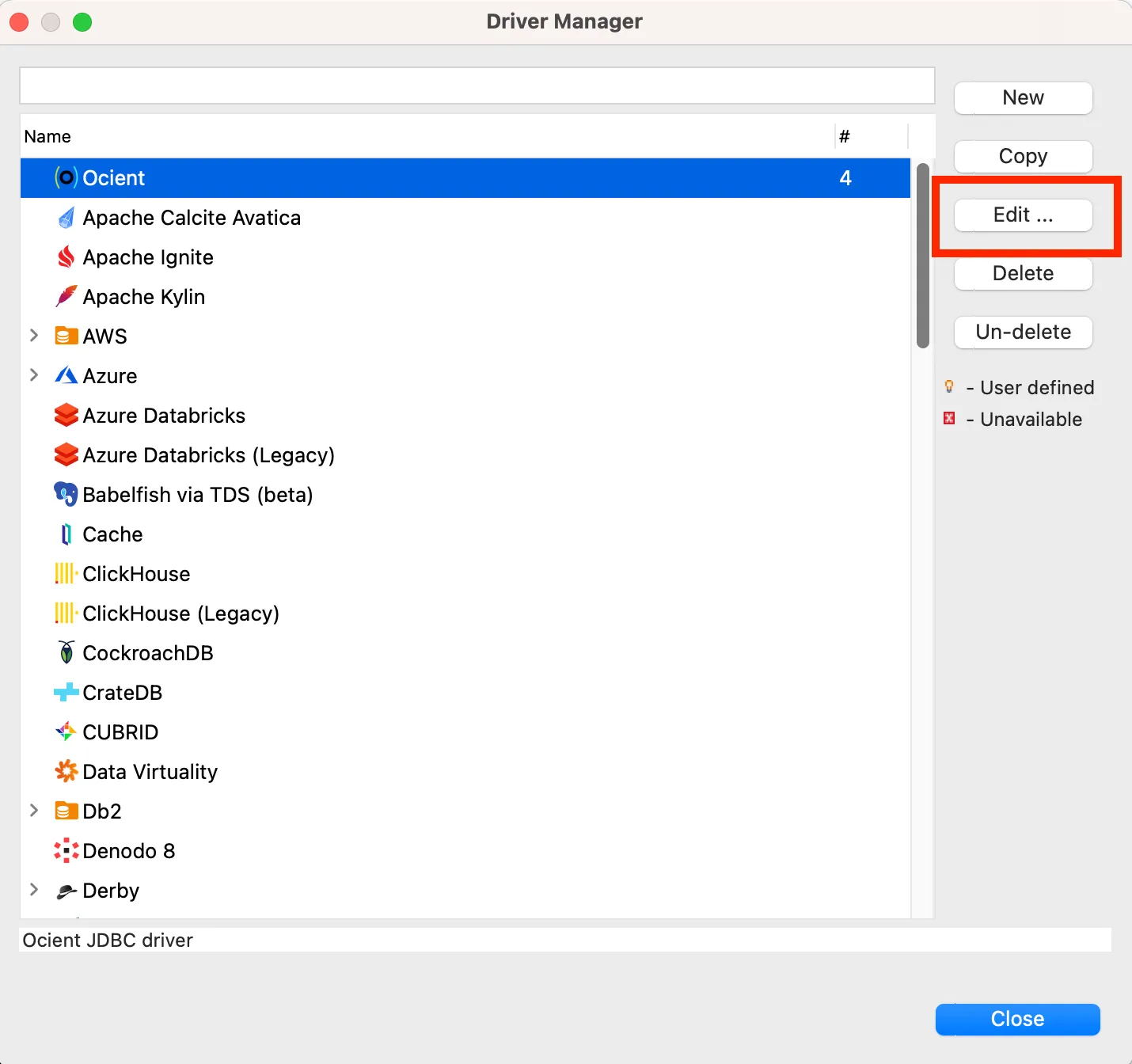 Select the Ocient driver under Name in the Driver Manager window. Select the Ocient driver under Name in the Driver Manager window.