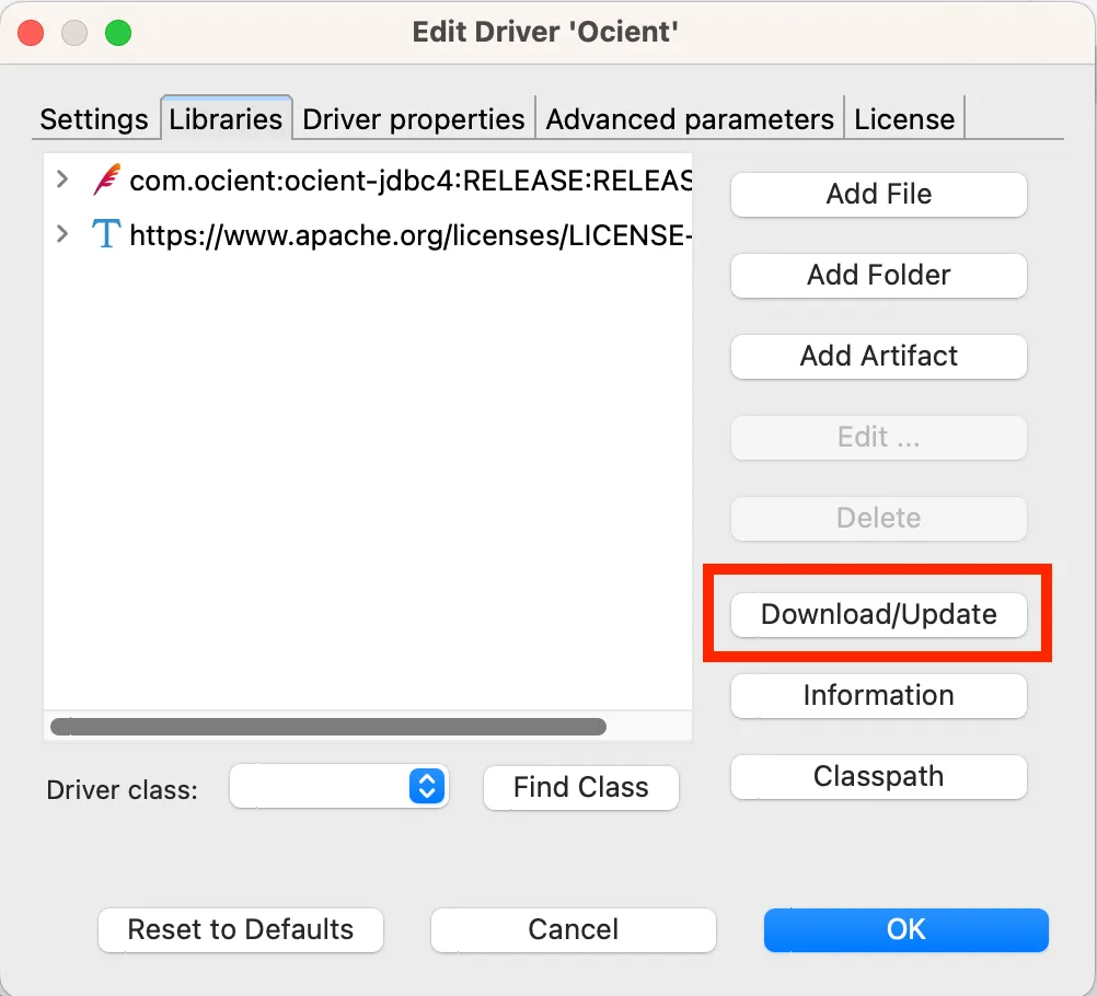 Libraries tab of the Edit Driver Ocient window contains the Download/Update button. Libraries tab of the Edit Driver Ocient window contains the Download/Update button.