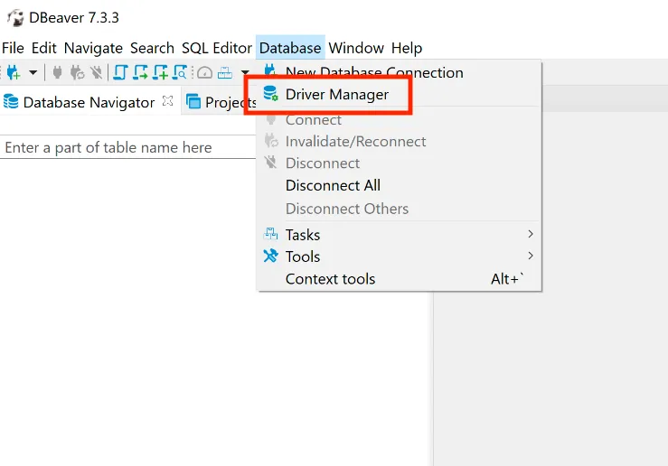 Selection of Driver Manager in the Database menu