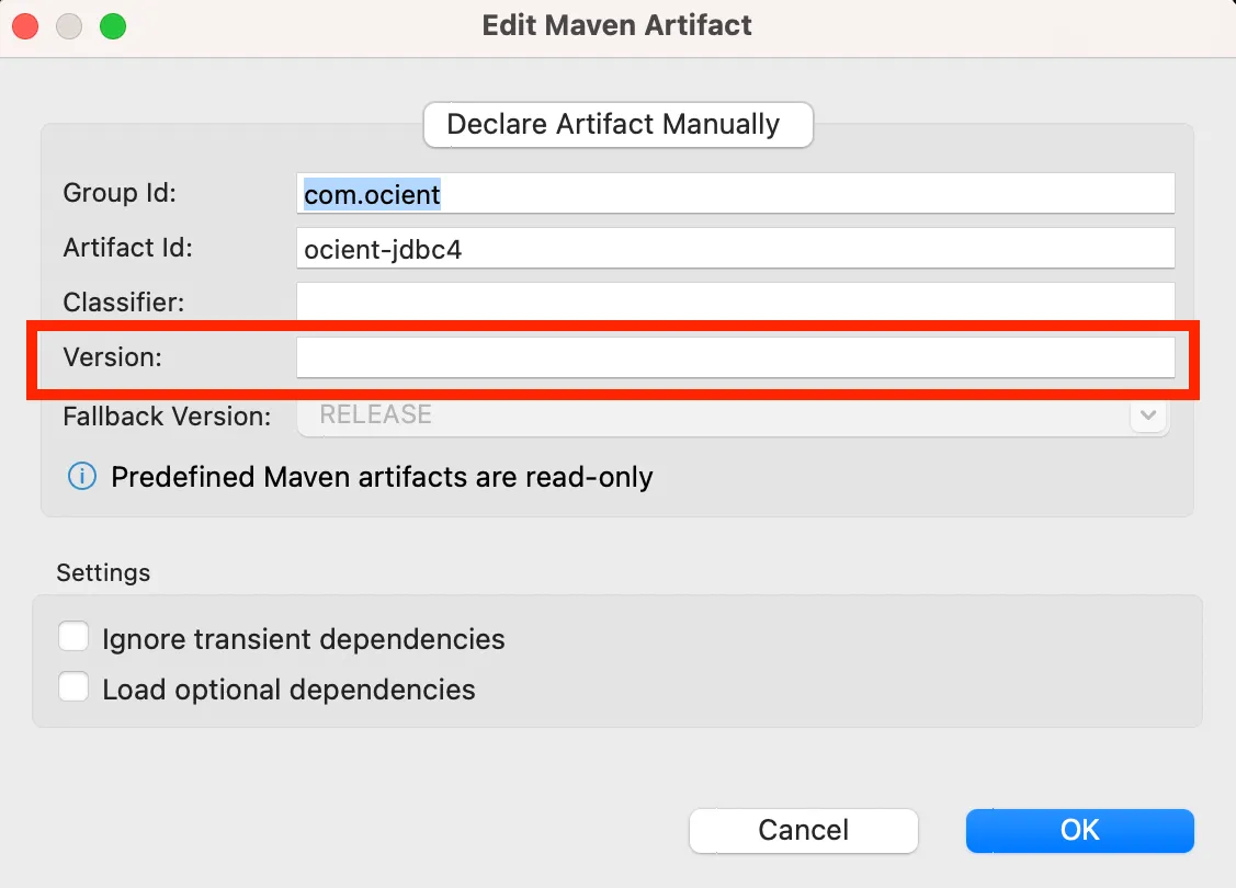 Specify the specific JDBC version to load in the Declare Artifact Manually section by using the Version field.