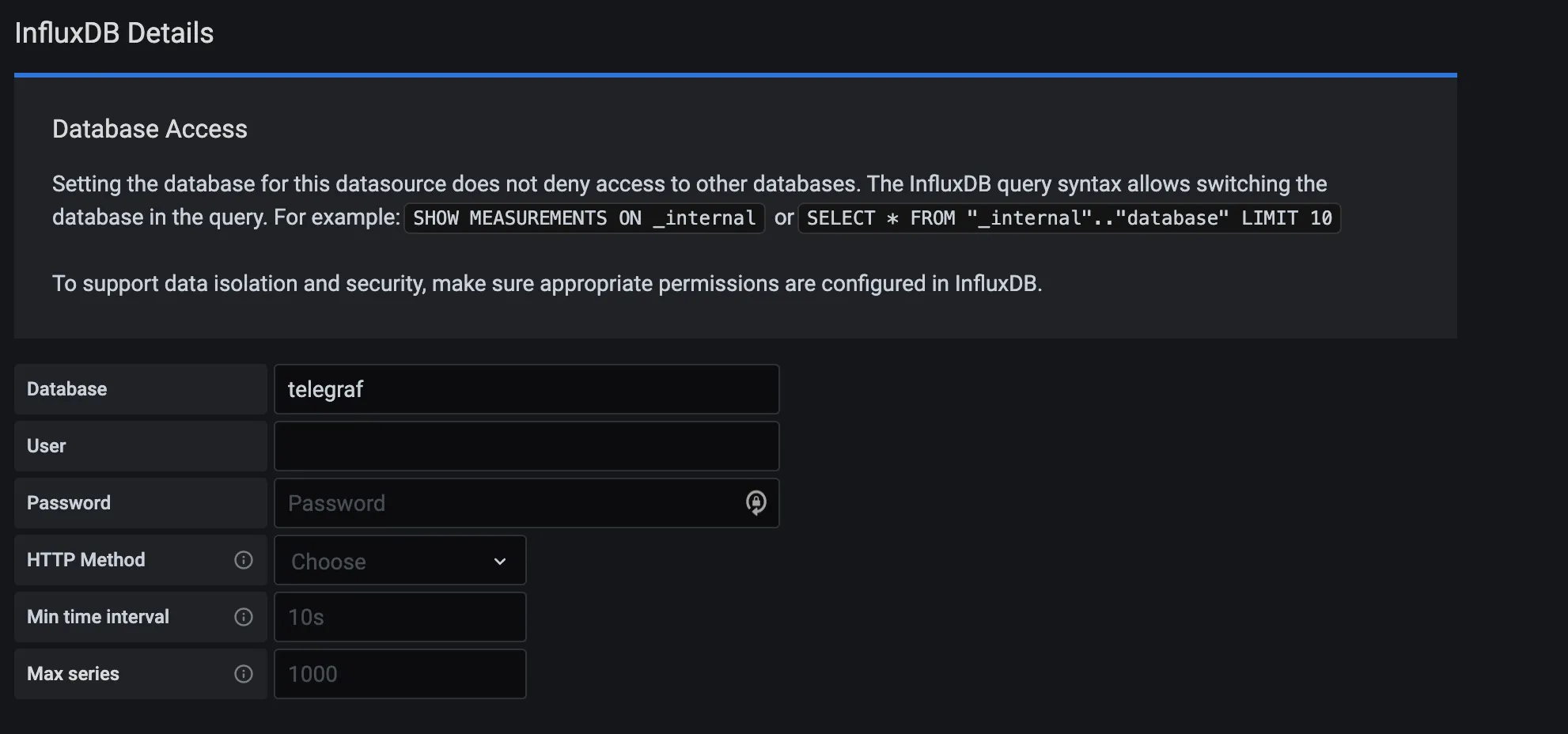 InfluxDB details for database access